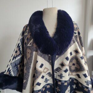 Poncho Cape Hooded Women's One Size Navy Faux Fur Trim Collar & Cuffs (Size: OS)